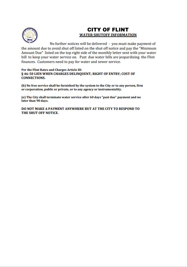 USA City of Flint Michigan water utility bill shutoff notice, Word and PDF template, version 2